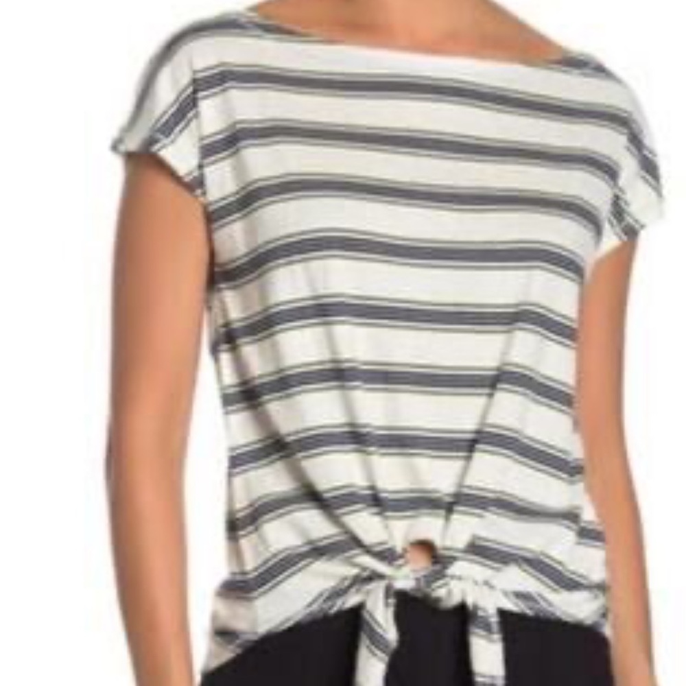 3/$10 Max Studio Navy and White Striped Tie-Front Tee